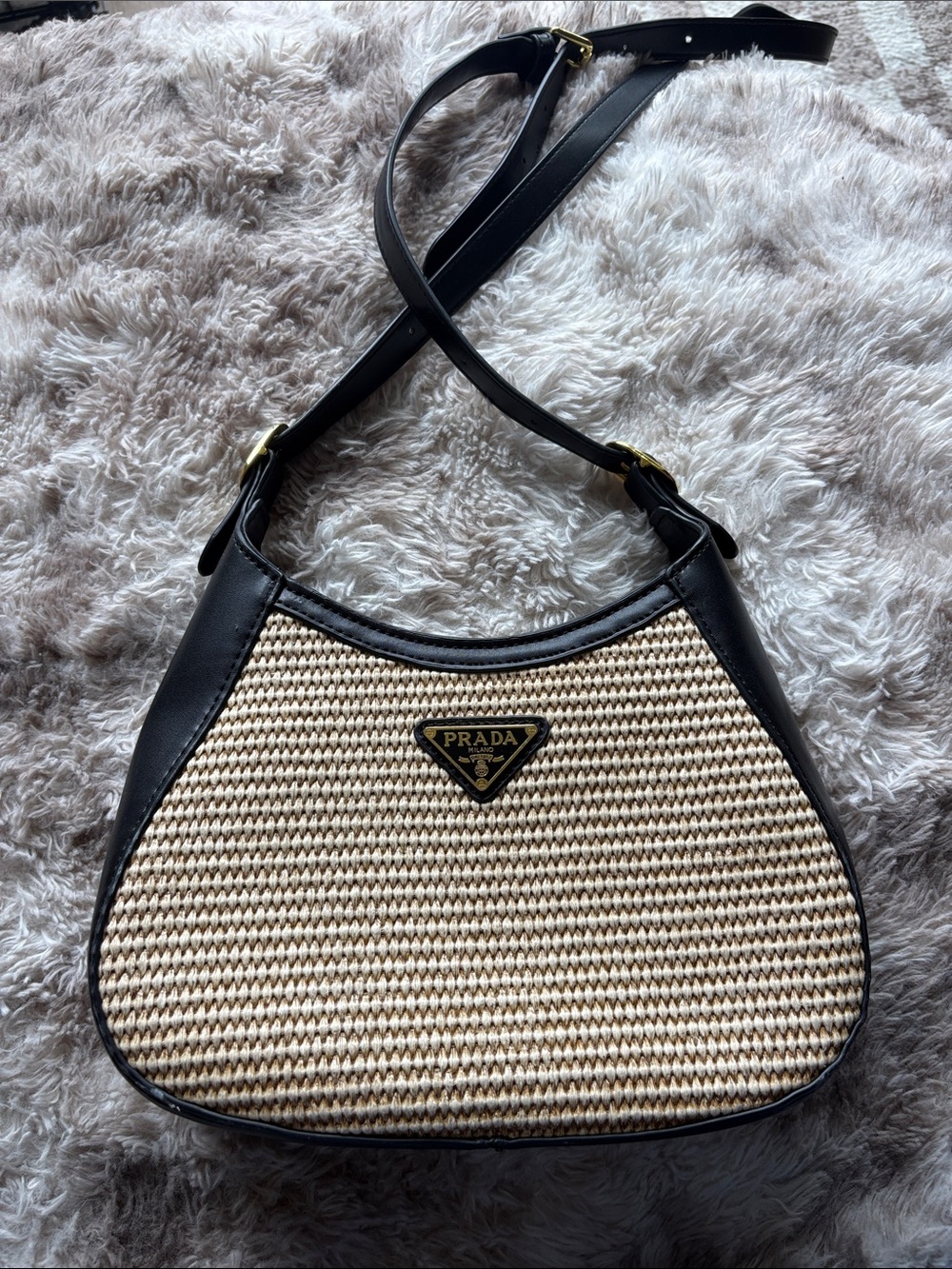 Prada Black and Natural Straw Shoulder Crossbody